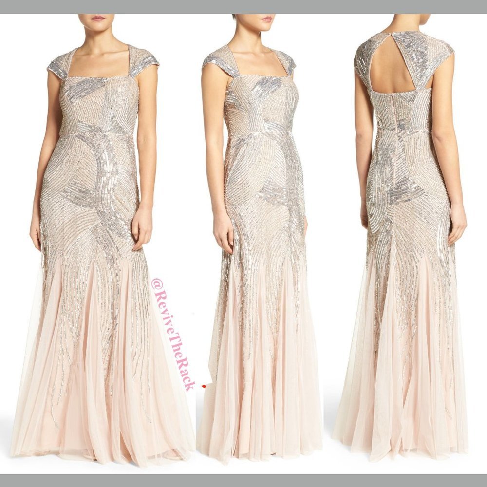 NEW Adrianna Papell Embellished Cap-Sleeve‎ Envelope Gown in Shell [SZ 4 ]
